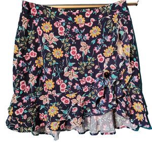 Women's Navy Blue Floral Ruffle Hem Mini Skirt - Size M, Perfect for Vacation